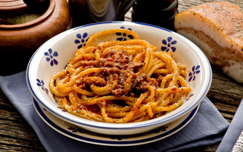 A dish of pasta all'amatriciana