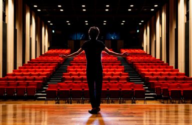 Foto di un attore di spalle sul palco di un teatro mentre guarda la platea.